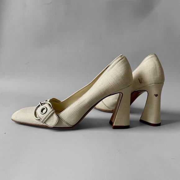 Vintage PRADA Y2K Linen Sculptured Heel Giant Grommet Buckle Size 35 Square Toe - Picture 2 of 7